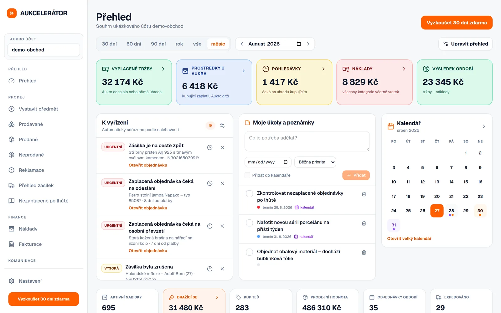 Ukázka funkce Finanční přehled v Aukcelerátoru