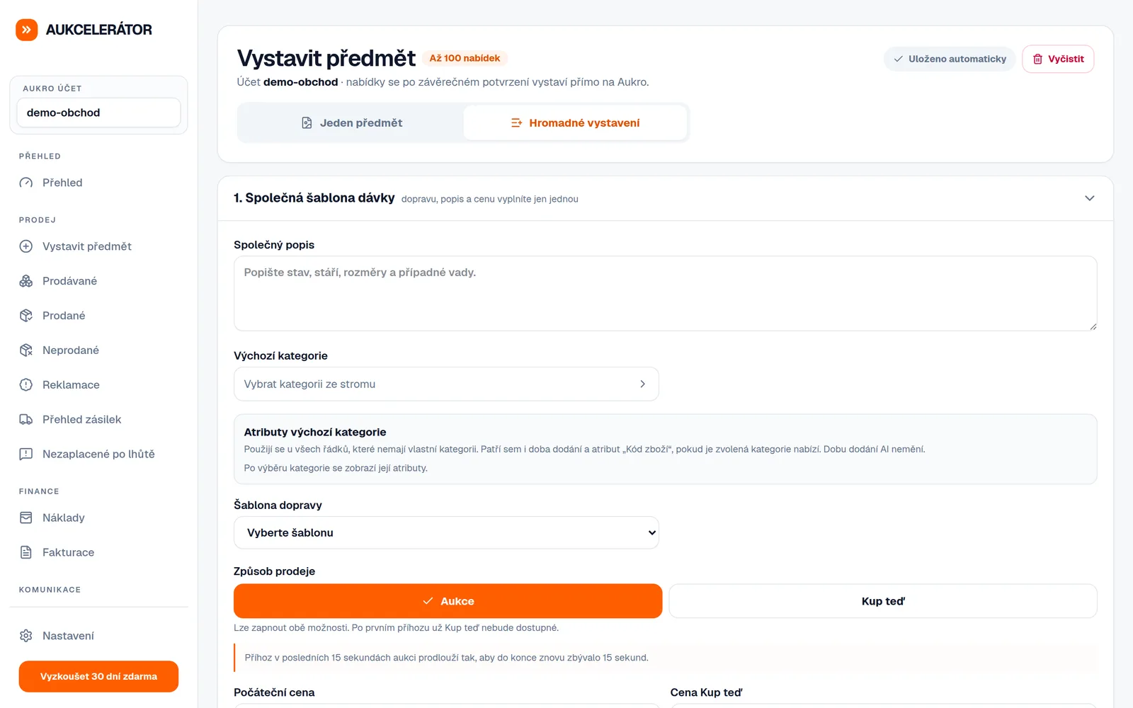 Ukázka funkce Hromadné vystavování položek v Aukcelerátoru