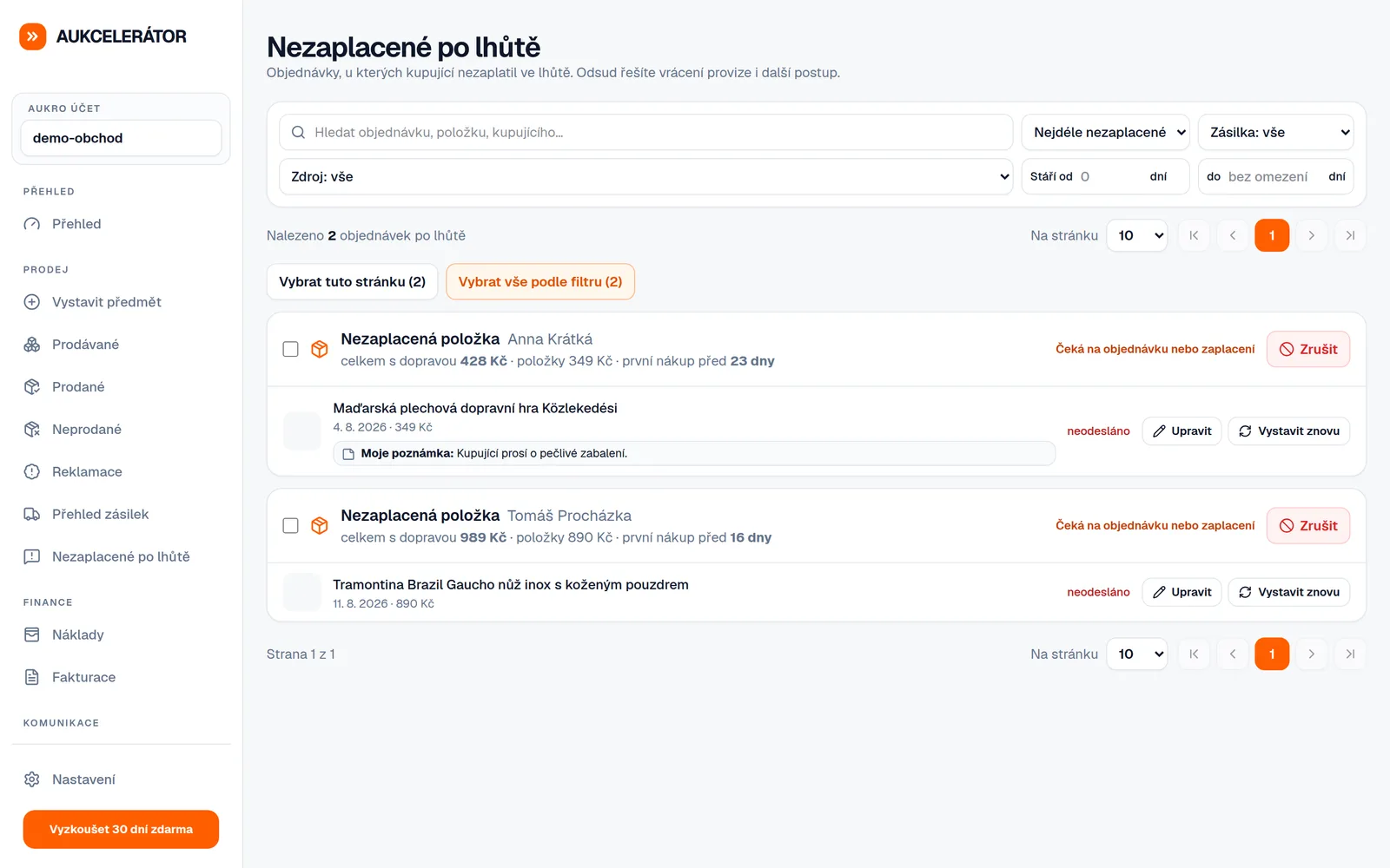 Ukázka funkce Správa nezaplacených v Aukcelerátoru