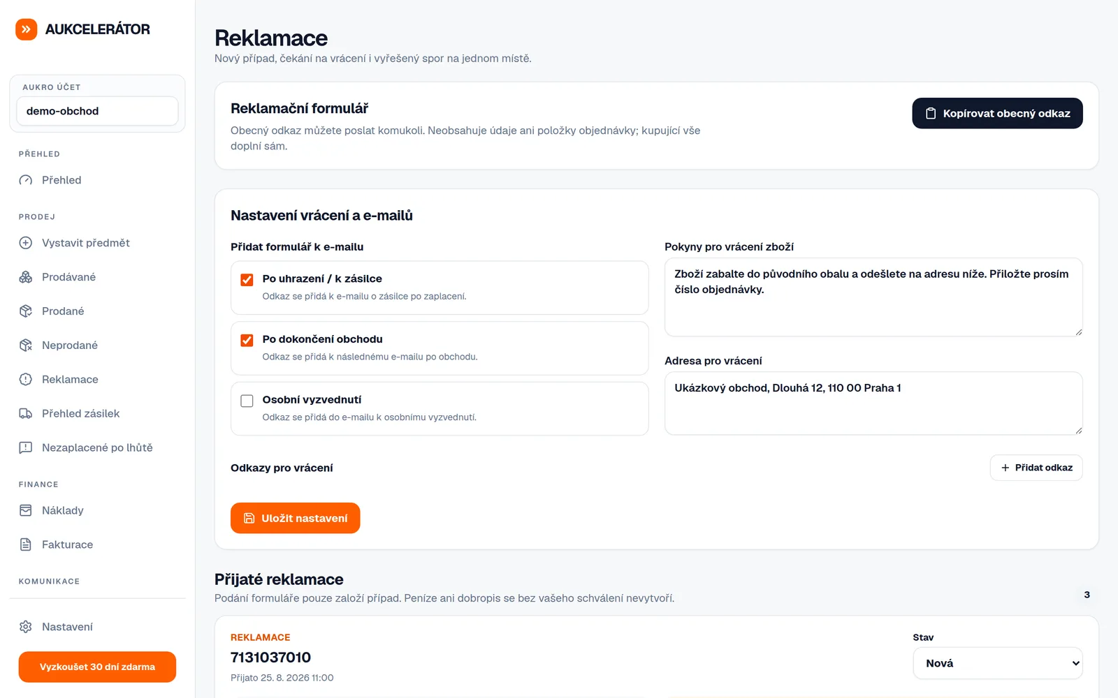 Ukázka funkce Reklamace v Aukcelerátoru
